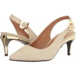 J. Renee slingback linen pumps w/ gold kitten heel